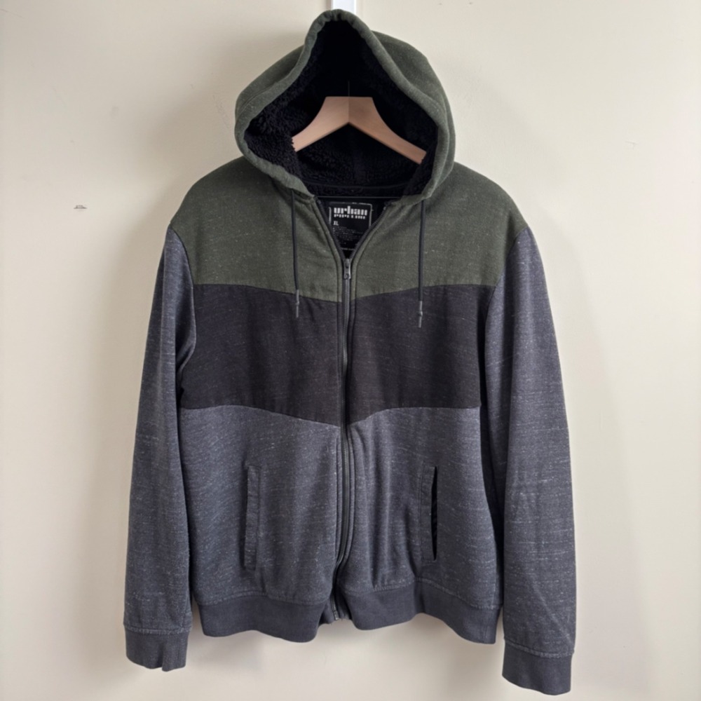Urban Pipeline Mens XL Colorblock Sherpa Lined Full Zip Hoodie Green Grey Black